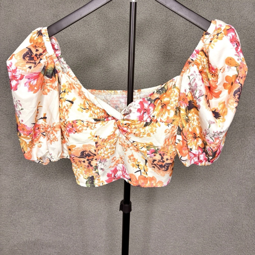 A Peach Crop Top Small Floral Puffy Sleeves Romantic Boho Shabby Chic Festival